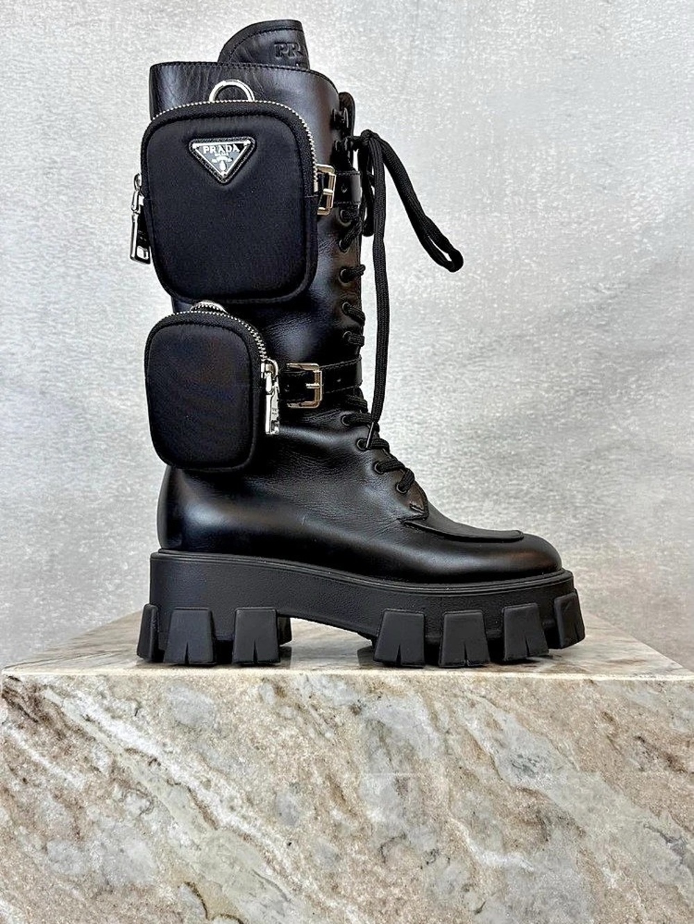 Prada Monolith Brushed Leather and Re-Nylon Boots with Pouch & Re-Nylon Combat